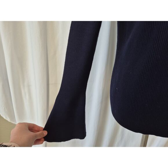 Anthropologie Moth Dark Navy Blue Ribbed Flare Sleeve Turtleneck Sweater Small - Picture 3 of 7
